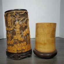 Two Carved Bone And Wood Antique Asian Brush Pots