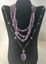 Two Antique Carved Amethyst Art Deco Necklaces