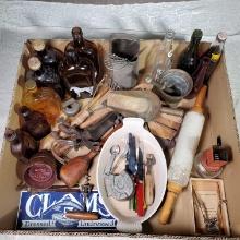 Box Lot of Antique Kitchenware, Bottles and More