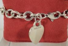7" Tiffany & Co Sterling Silver Blank Heart Charm Tag Bracelet