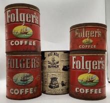 Five Vintage Foiger's Coffee Tins
