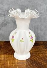 Fenton Glass Violets In The Snow Ruffled Vase