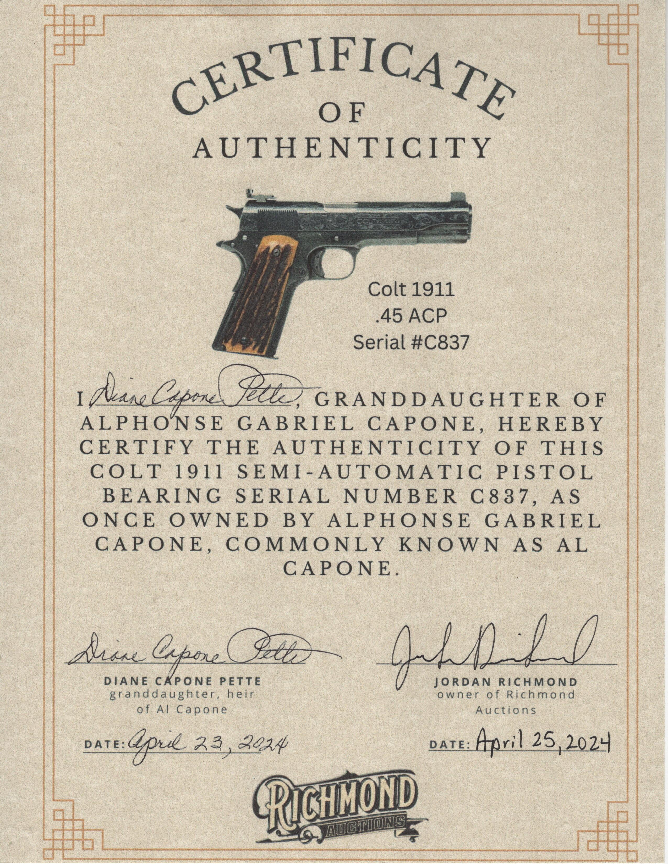 Al Capone's "Sweetheart" Colt 1911 .45 ACP Semi-Automatic Pistol w/ Provenance & Documentation