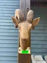 Old, hand carved, ram bust/head/horns, 15" tall, 9" out from wall, horns are 19" long, Great, log ca