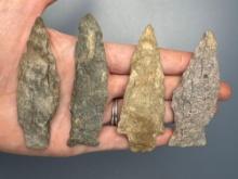 4 Rhyolite Stem Points, Longest is 3 1/4", Found in Gloucester County, New Jersey