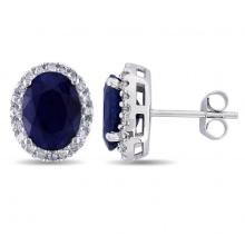 Oval Blue Sapphire and Halo Diamond Stud Earrings 14k W. Gold 5.70ctw