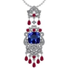 Certified 11.78 Ctw VS/SI1 Tanzanite,RUBY And Diamond 14K White Gold Vintage Style Necklace