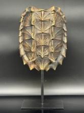 Large Alligator Snapping Turtle Shell Sculpture on Metal Stand