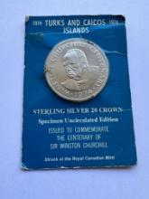 1974 STERLING SILVER 20 CROWN COIN - WINSTON CHURCHILL - TURKS AND CAICOS ISLANDS