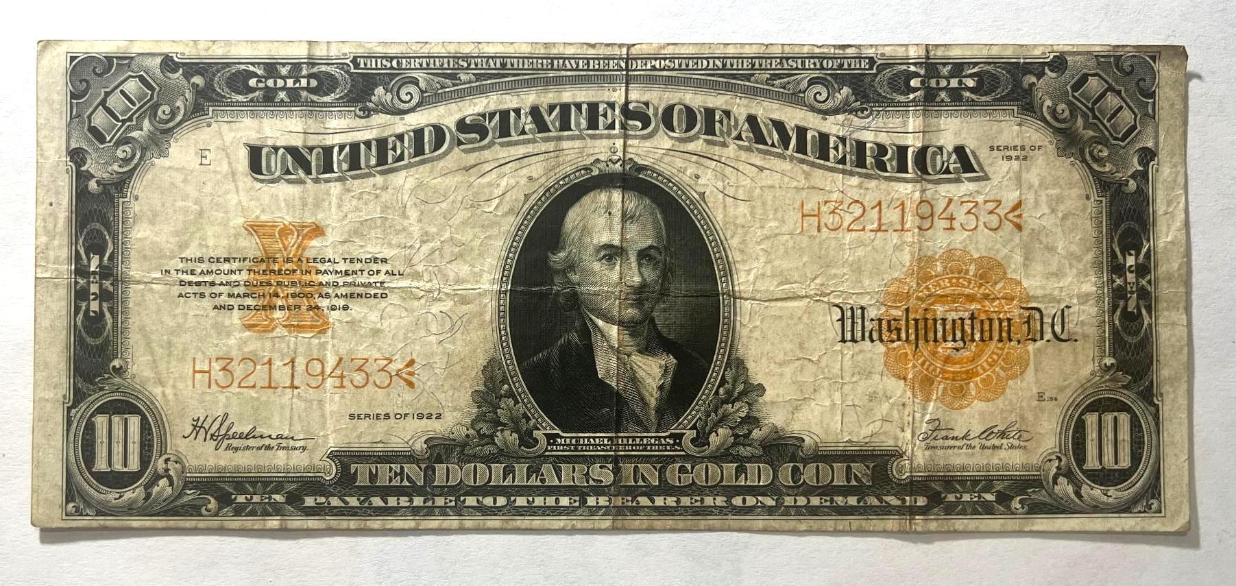 LARGE SIZE Series 1922 $10 Large Size Gold Certificate