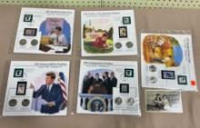 5- Kennedy Story Cards and Postcard, each card has 2- Half Dollars and stamps