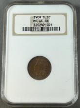 1908-S Indianhead Cent in NGC MS64 BN Holder