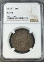 1858-O Seated Liberty Half Dollar in XF40 NGC Holder