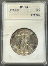 1944-S US Walking Liberty Half Dollar in ANA MS64 holder