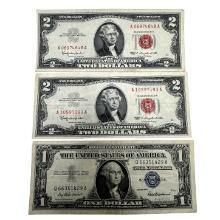 Two Series 1963 $2 Bills with a Series 1957 $1 Silver Certificate