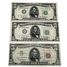 Lot of 2 Series 1950 B $5 Bills and 1 Series 1963 $5 Bill