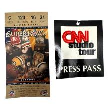 January 30, 2000 Super Bowl XXXIV Ticket Stub with Press Pass and Pin