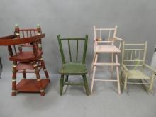 Lot 4 Vintage Child's Doll Painted Wooden Chair Highchair Rocker
