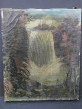 Antique Signed Small Oil Painting Indian by Waterfall