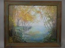 Signed Janik Lakeside Oil Painting