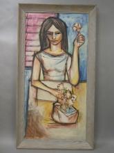 After Bernard Buffet Large Oil Painting Woman w/ Flower