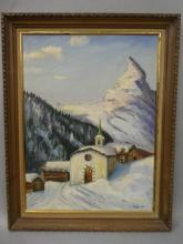 Paula Clauche Winter Village Mountainscape Oil Painting Listed Artist