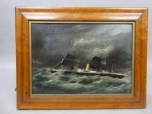 Vintage Frank Barns Ship in Stormy Weather Small Oil Painting