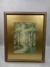 Vintage Unsigned Path Through Forest Watercolor Painting