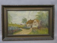 1934 Signed WF Voigt Fairy Tale Cabin in Field Oil Painting