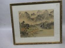 Vintage Original Chinese Signed Watercolor Painting Lake Before Mountains