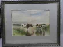 Antique Signed DeLue  Cows Drinking from Stream English Watercolor Painting