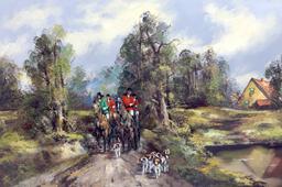 Original Oil Painting On Canvas English Hunting Scene Signed By Artist.