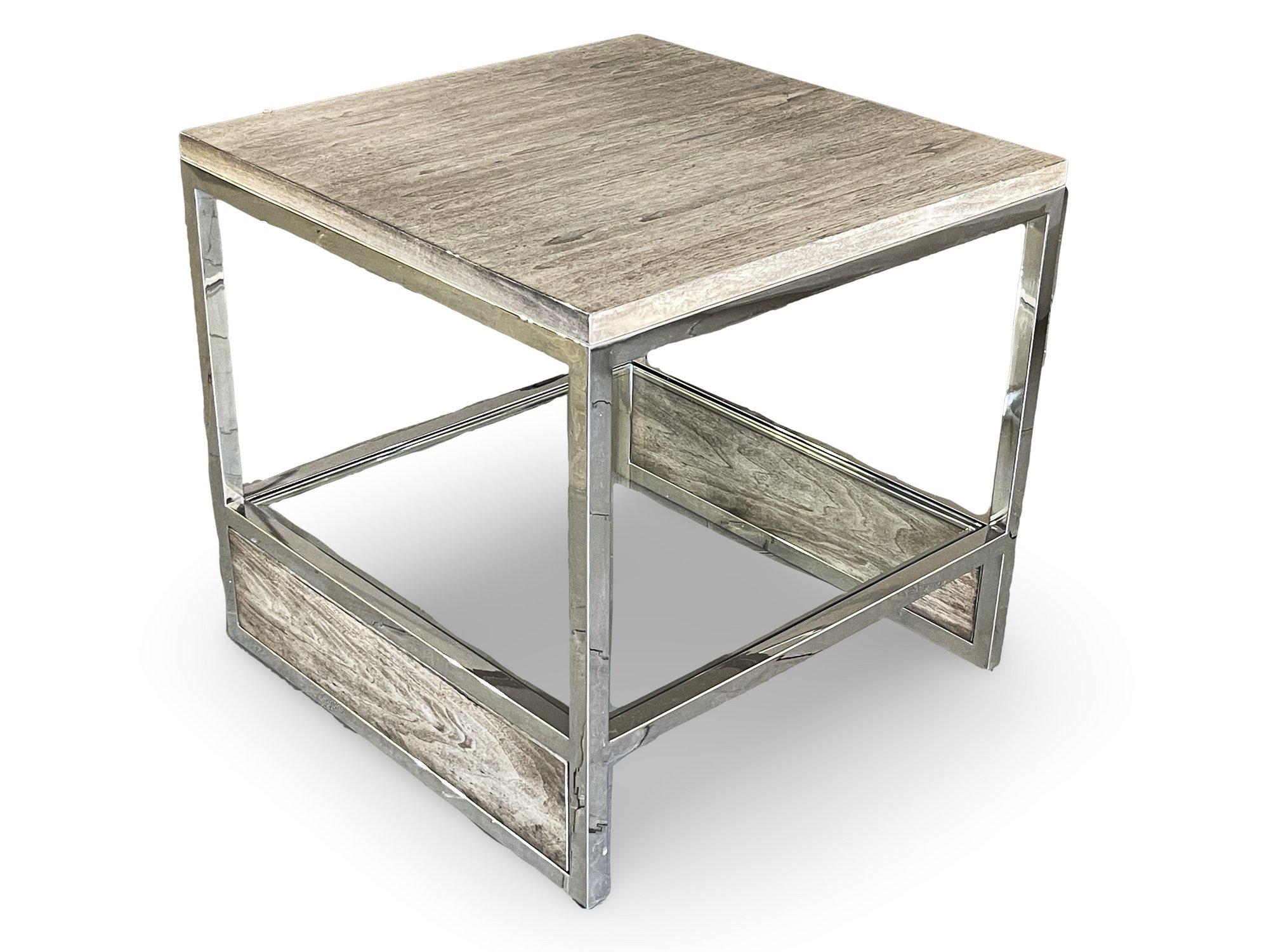 Distressed Top Chrome Frame End Table With Under Shelf