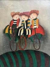 JOYCE ROBAL "THREE LADIES ON BIKES" OIL ON CANVAS SIGNED LOWER RIGHT
