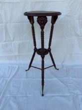 Antique Walnut Plant Stand With Carved Faces and Barley Twist Legs