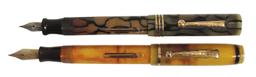 Fountain Pens (2), Gold Bond, c.1920's, Gold/Brown/Green Stonite w/14K Nib