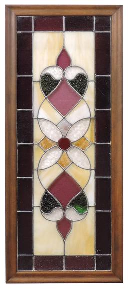 Stained Glass Transom Window, geometric designs in textured colors, VG cond