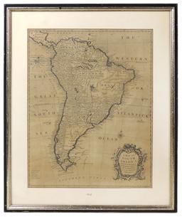 Decorative Art, map of South America, late 18th C., framed & matted, Exc co