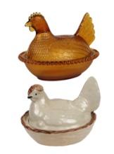 Collectibles (2) Amber Indiana Glass Hen On Nest, Glass/ceramic, Unmarked,