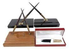 5 Sheaffer Pen & Desk Sets, Mostly White Dot Incl A Dbl Walnut Stand W/ink