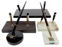 5 Sheaffer Desk Stands, In Blk Glass, Onyx & Leather With 2 White Dots Ball