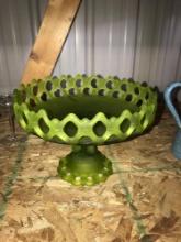 Vintage Westmoreland Green Satin Glass Pedestal Dish