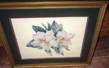 White Magnolia Watercolor with gold frame 22 in x 18 in