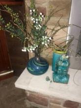Art glass vase with artificial flowers/head figure needs repair/vase -pool room