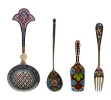 Russian Silver and Champleve Enamel Utensil Assortment