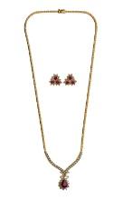 18k Yellow Gold, Ruby and Diamond Pendant Necklace and Earrings