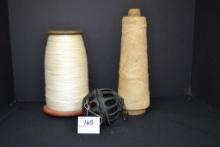 Pair of Textile Spools w/Thread and Cast Iron Spool Thread Holders