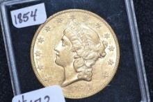 1854 Liberty Head Twenty Dollar Gold Piece; AU