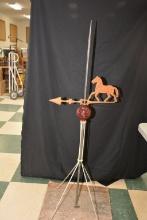 Lightning Rod Mounted On Board With Original Red Globe and Horse Weather Vane