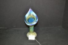 Steuben? Blue Iridescent Art Deco Jack-in-the-Pulpit Vase; Signed Fiske 8-74